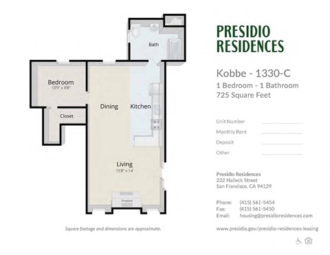A floor plan for a one bedroom apartment at Presidio Residences.